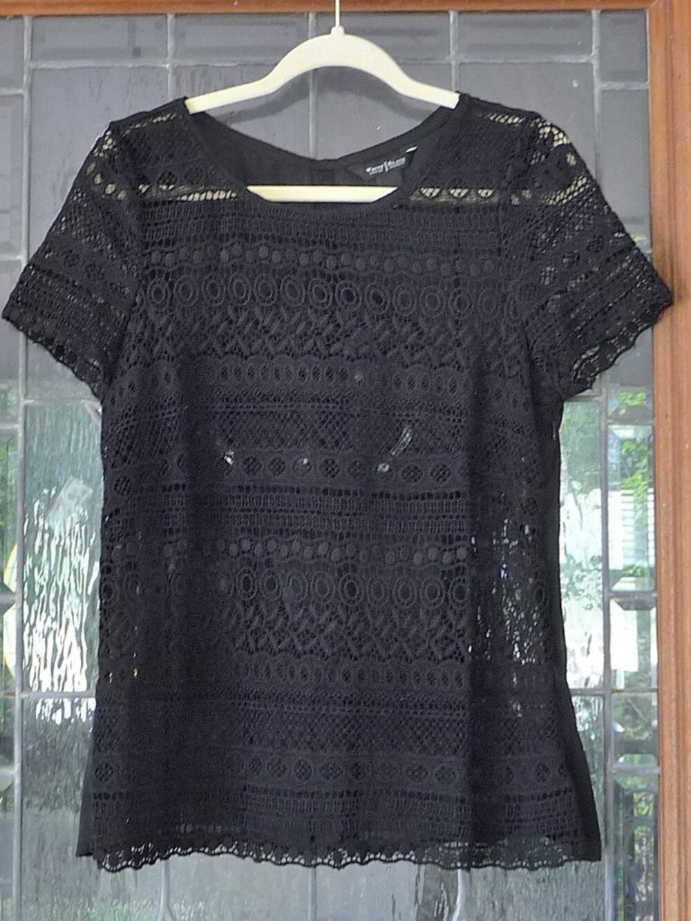 WHBM BLACK BLOUSE SIZE 12 CROCHET/SEMI SHEER